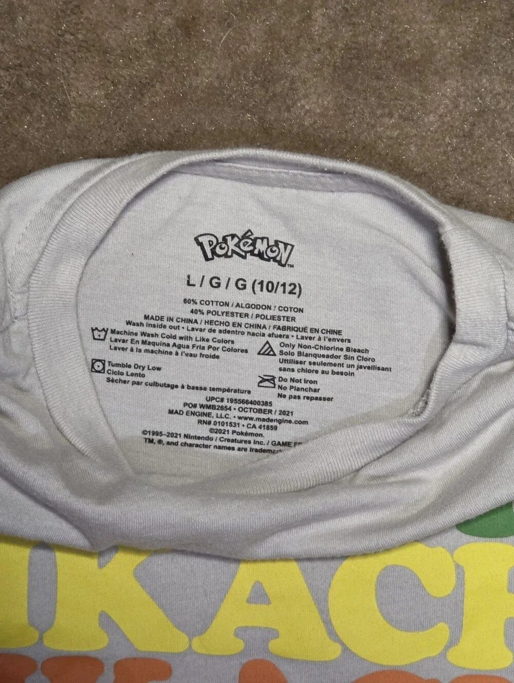 Kids Grey Pokemone Pikachu Tee Sz Lg 10/12
